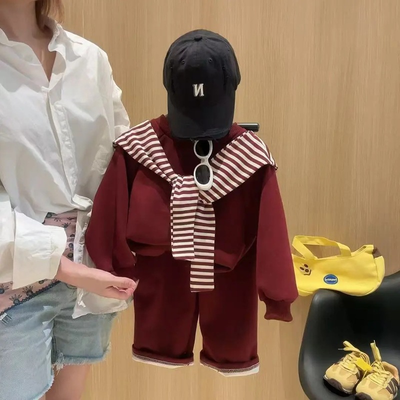 儿童春秋季新款男女童卫衣套装中大童百搭韩版时髦条纹披肩两件套|undefined
