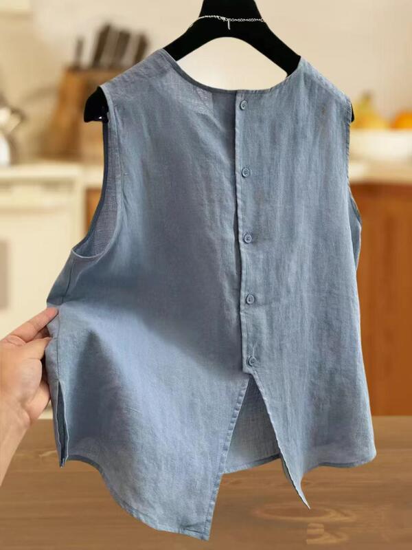 French-Style Niche Sleeveless Linen Shirt for Women with Back Slit, Cotton-Linen Tank Top T-Shirt, Casual Top in Summer Royal Blue