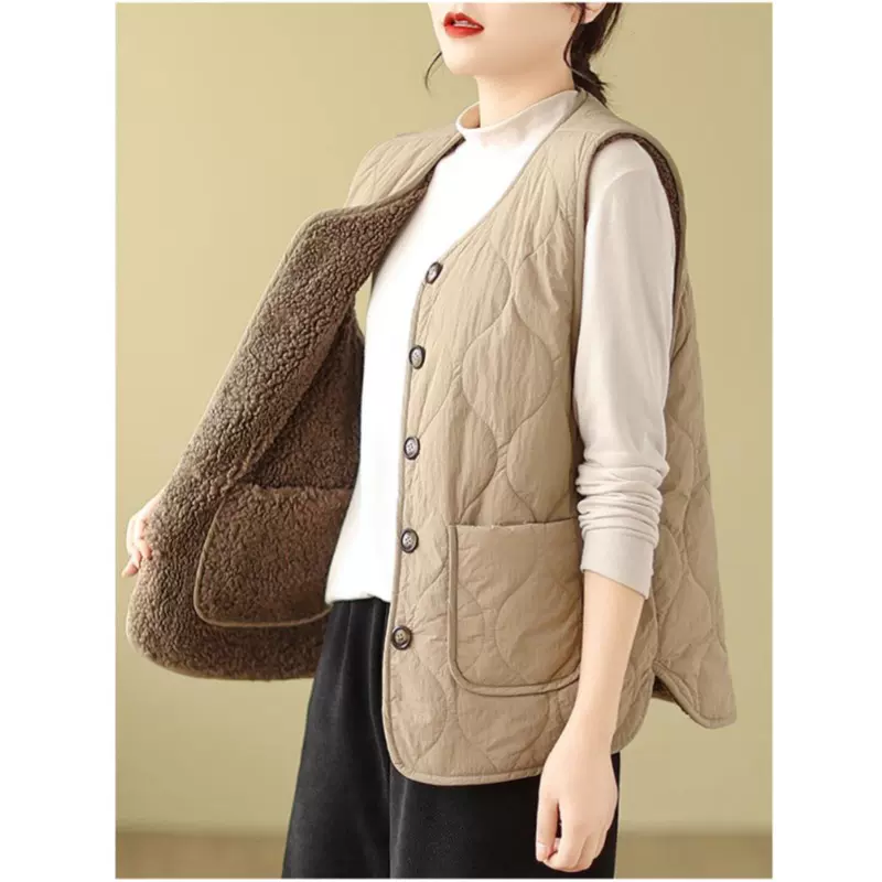 2025秋冬文艺宽松大码女装叠穿坎肩羊羔绒两面穿羊羔毛外套马甲