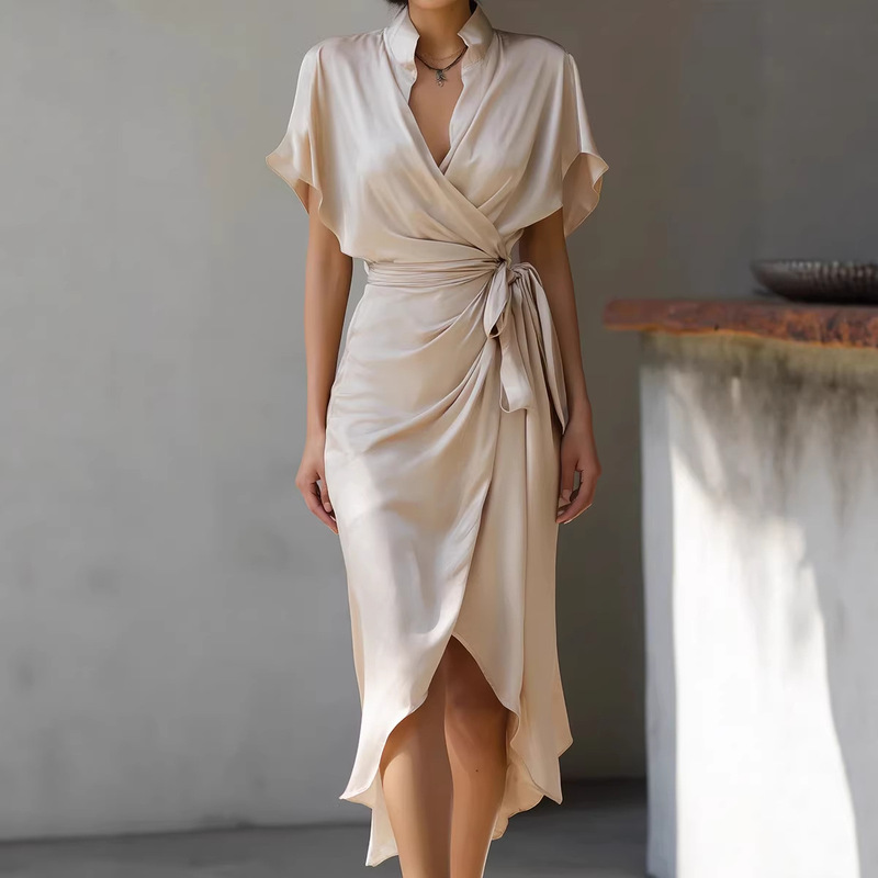 Women's Satin Dress Summer New European and American Fashion Satin Tie Elastic Waist Wrap Mid-Length Dress