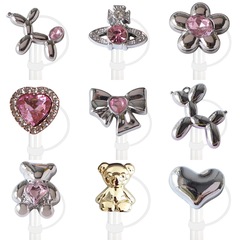 Ins-style straw hat electroplated resin heart bow flower embellished with diamonds water cup straw plug 10mm silicone straw sleeve