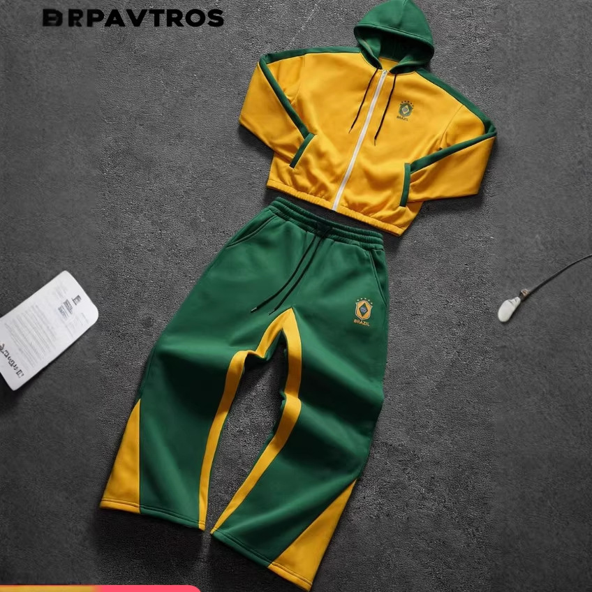 Men's Retro Color Block Tracksuit Autumn/Winter Zippered Hooded Sweatshirt And Sweatpants Two-Piece Set_voghion.com