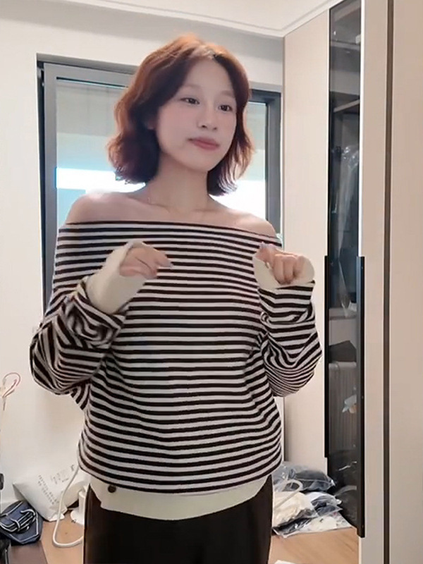 复古设计感一字肩条纹上衣女2025新款早秋韩系休闲慵懒风针织毛衣|undefined