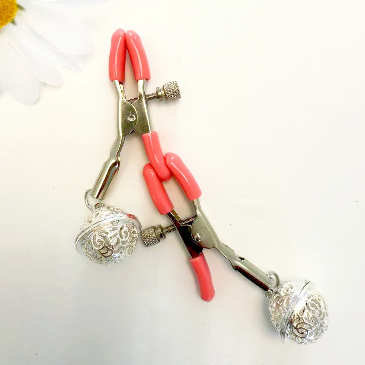 Nipple Clamps with Bell Pendant and Tassel, Red Silver Bell Design — detail image 6