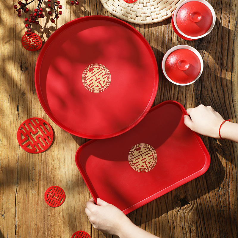 Wedding Fruit Basket, Red Tea Serving Tray for Living Room, Marriage Celebration Candy Tray, Bridal Tea Ceremony Plate, Pre-Wedding Celebration Supplies.