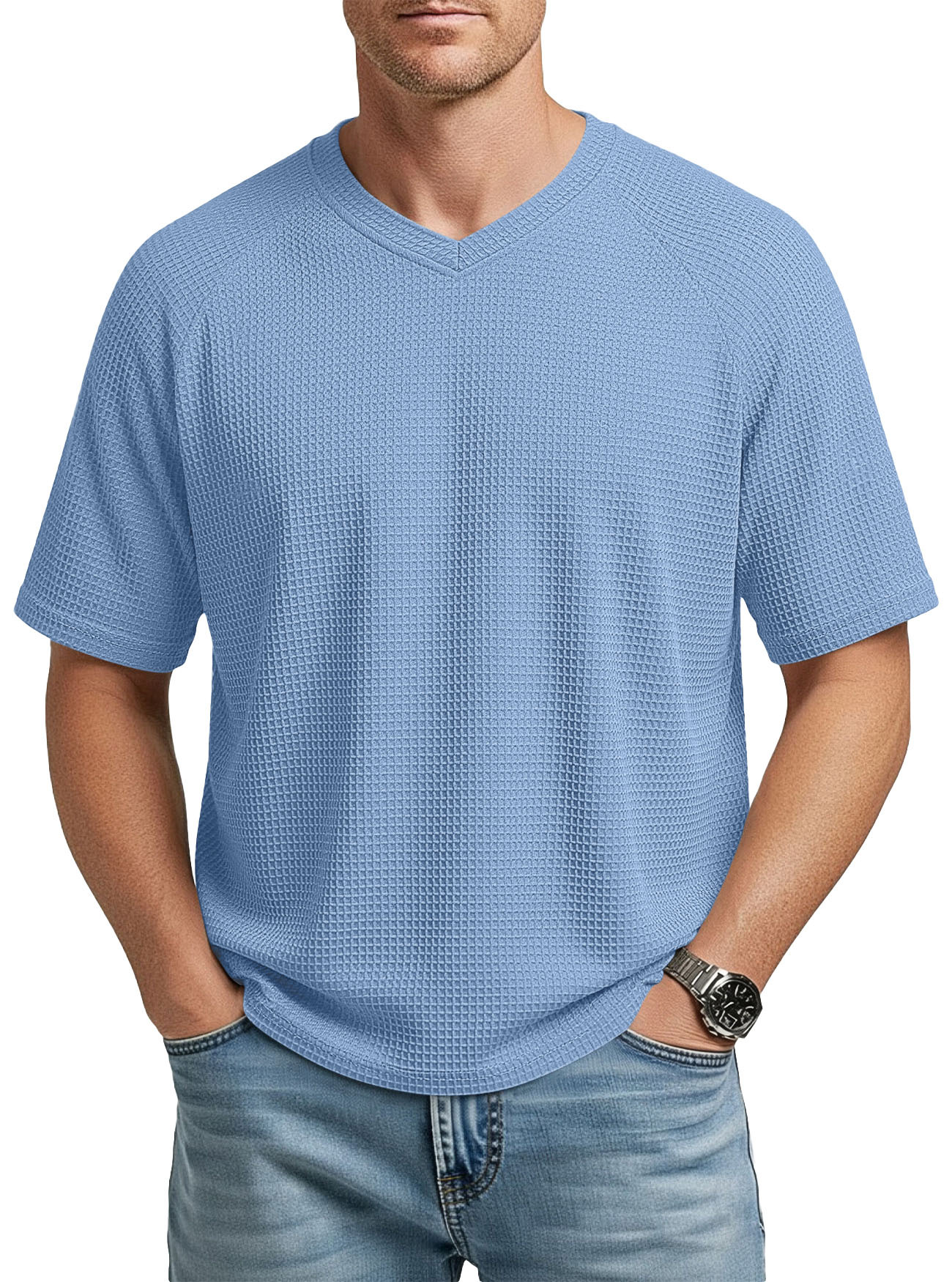Europa y los Estados Unidos primavera y verano estación independiente transfronteriza hombre moda waffle tejido multifuncional manga de hombro cuello V camiseta de hombre de manga corta