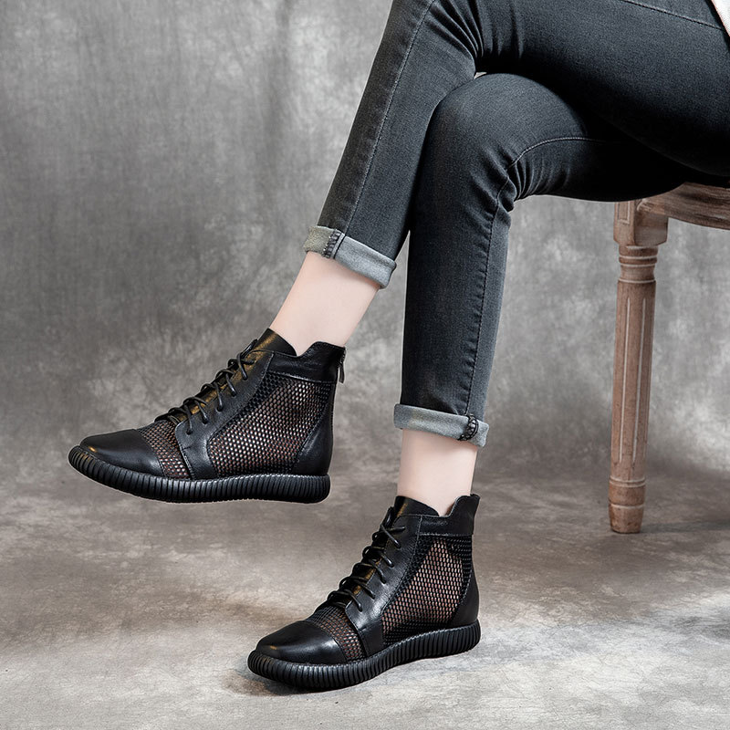 Wholesale 2026 Spring/Summer Ribbed Sole First Layer Cowhide Martin Boots Women's Flat Mesh Sandals Back Zipper Casual Leather Boots