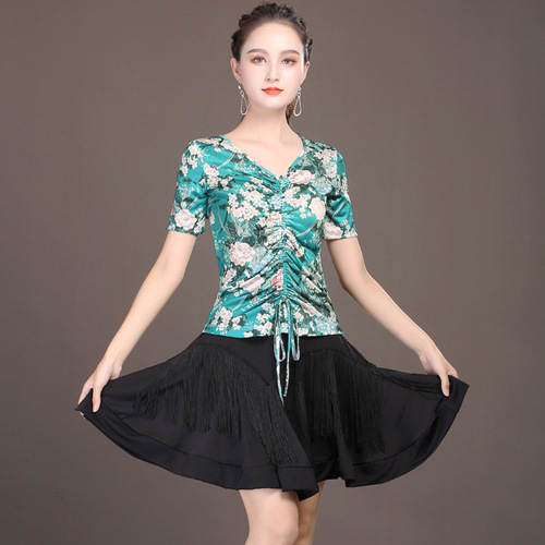 Green pink flowers floral latin dance costumes  salsa chacha dance dresses for women Square ballroom dancing tops and fringes skirts