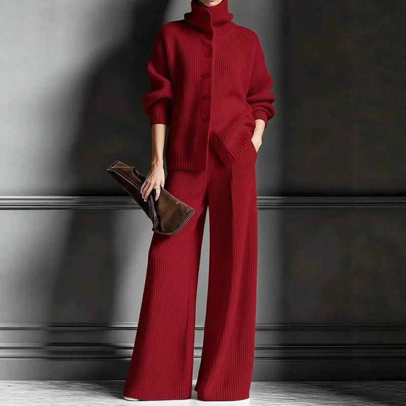 European and American Style Cross-Border Autumn and Winter High-Neck Solid Color Cardigan Long-Sleeve Top Wide-Leg Pants Set Knit 2-Piece Set for Women European and American Style Cross-Border Autumn and Winter High-Neck Solid Color Cardigan Long-Sleeve Top Wide-Leg Pants Set Knit 2-Piece Set for Women