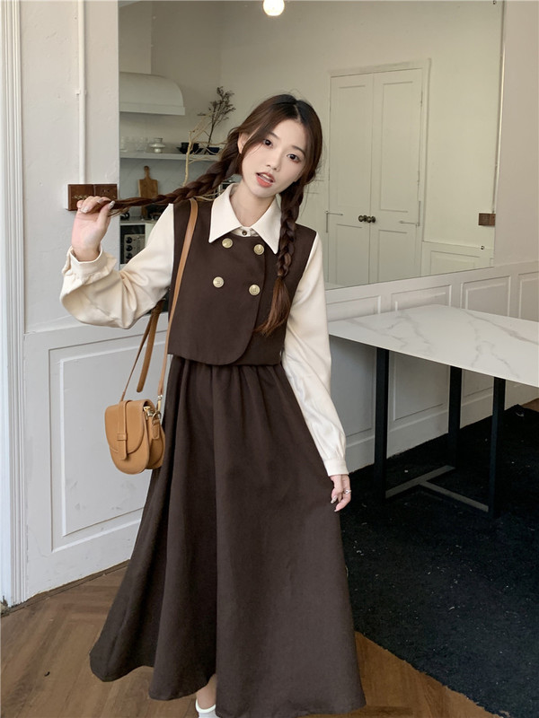 2024 New Style French Style Fake Two-piece dress Women's Autumn Tight Waist Slimming Mid-length Long-sleeved Hepburn Dress 2024 New Style French Style Fake Two-piece dress Women's Autumn Tight Waist Slimming Mid-length Long-sleeved Hepburn Dress
