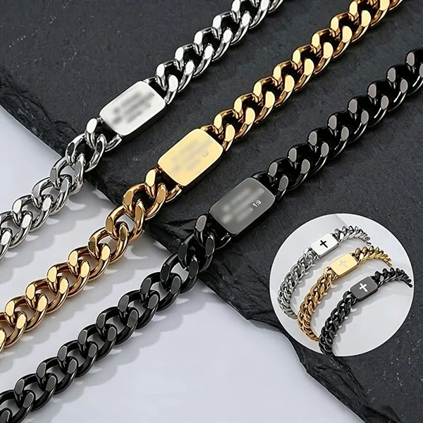 European and American Cross-Border Stainless Steel Small Square Pendant Men's Bracelet Cuban Chain Cross Scripture Prayer Engraved Fashion Jewelry