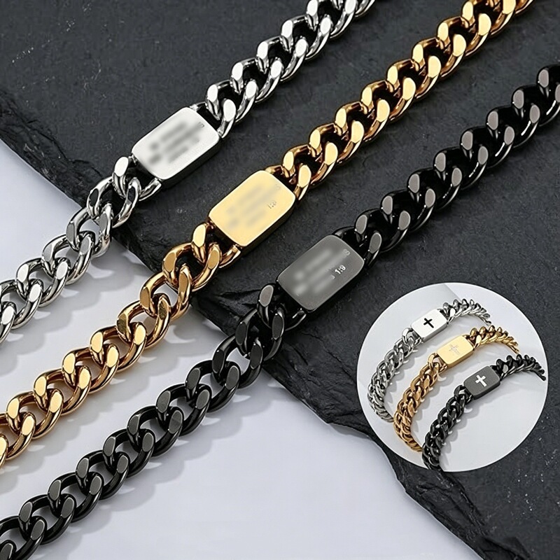 European and American Cross-Border Stainless Steel Small Square Pendant Men's Bracelet Cuban Chain Cross Scripture Prayer Engraved Fashion Jewelry European and American Cross-Border Stainless Steel Small Square Pendant Men's Bracelet Cuban Chain Cross Scripture Prayer Engraved Fashion Jewelry