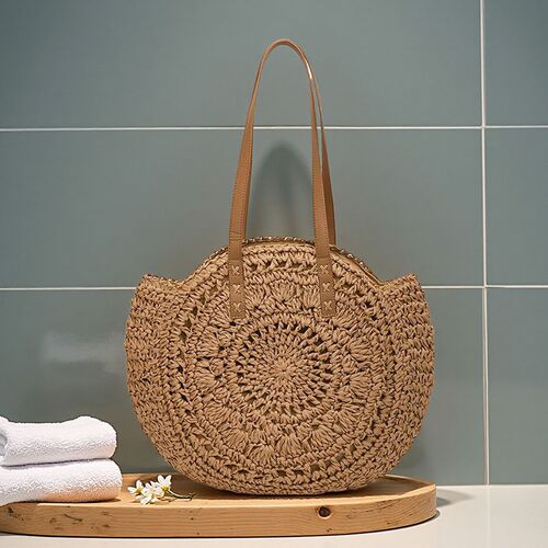 French round hollow woven bag, shoulder and hand-held woven bag, summer beach vacation sand bag, versatile tote bag
