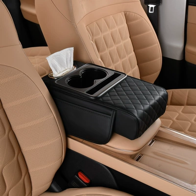 PU leather car central armrest box pad with cup holder and storage box, car armrest box heightening pad, four-in-one with labeling (Armrest box) - black-with-paper-towels