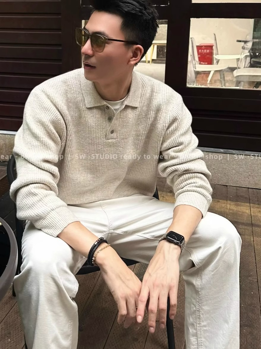 2025 Autumn and Winter Soft and Waxy Heavyweight Thickeneded Men's Knitted Polo Sweater Long-Sleeved Casual Simple Pure Color Trendy