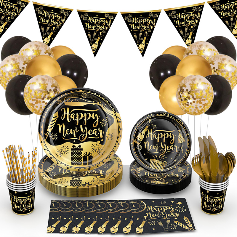 Amazon 2024 NUEVO AÑO fiesta plato de papel traje FELIZ AÑO NUEVO Oro Negro desechable plato de cena traje