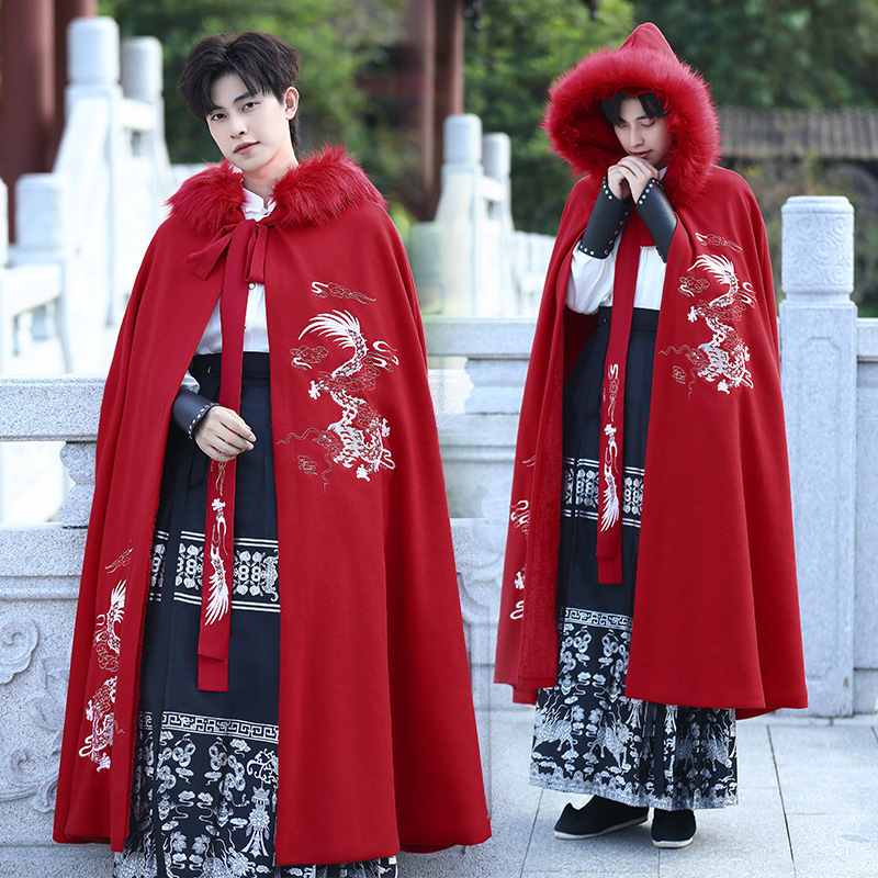Real shot new ancient style cloak red Chinese original dragon pattern Hanfu men's and women's winter fleece-lined warm fur collar cloak