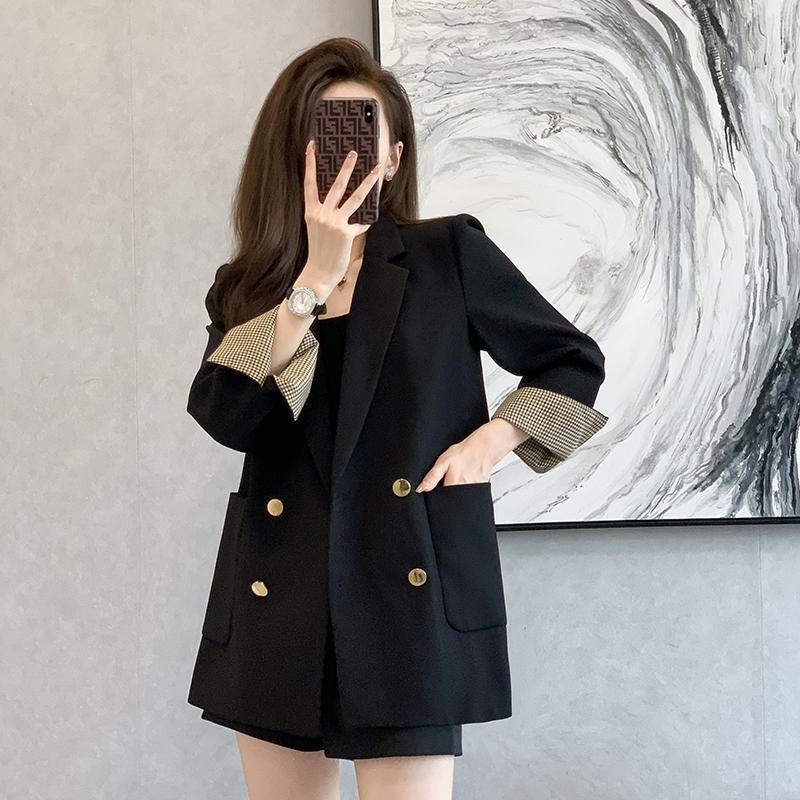 Early Autumn New French Retro British Style Loose Slimming High-End Double-Breasted Black Turn-Up Sleeve Blazer Versatile