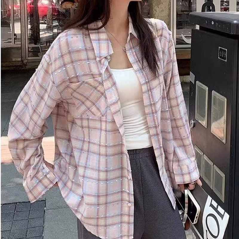 2025 New Korean Style Healing Girlfriend Fairy Pink Plaid Shirt Women's Casual Design Versatile Loose Top