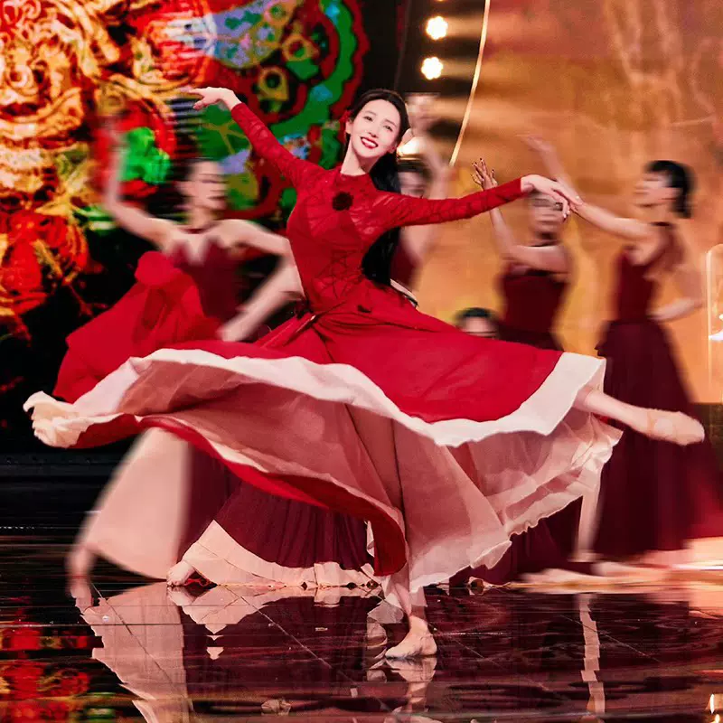 国风古典舞蹈演出服 红色大摆艺考长裙 舞台表演古风连衣裙