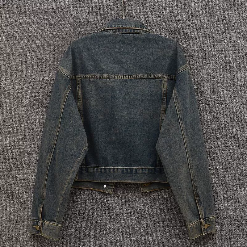 Retro dark blue denim autumn jacket, oversize