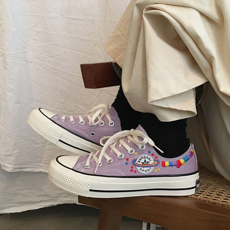 Rainbow embroidered canvas shoes female...