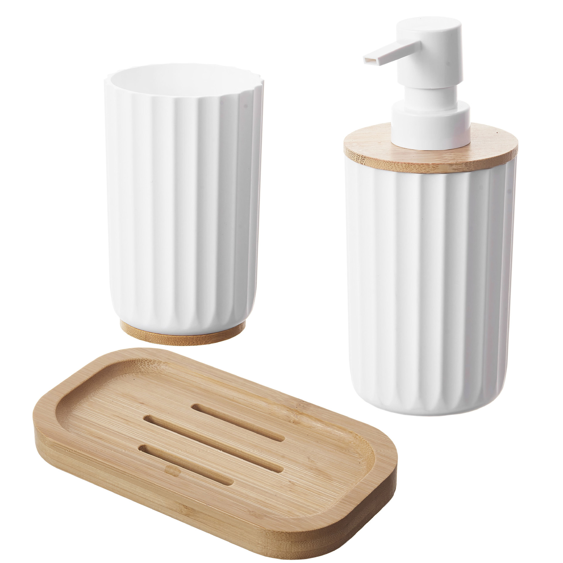 Cubierta de bambú ondas de baño 3 piezas set de artículos de baño enjuague bucal soporte de cepillo de dientes botella de loción de bambú jabon soporte de caja