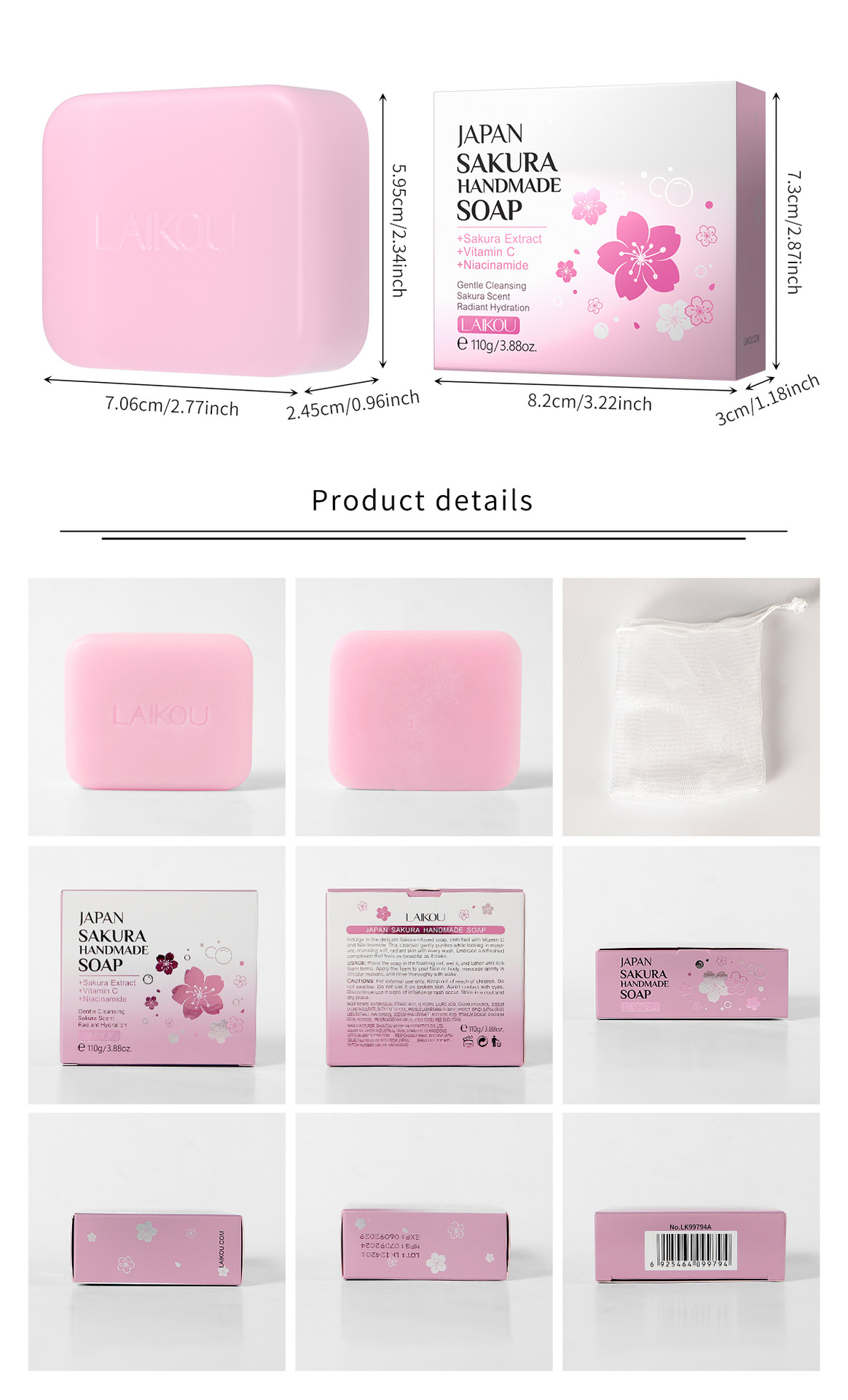 The new cross-border product LAIKOU Moisturizing and Cleaning Cherry Blossom Handmade Soap 110g is in stock and available for wholesale from the manufacturer. It comes in English packaging undefined