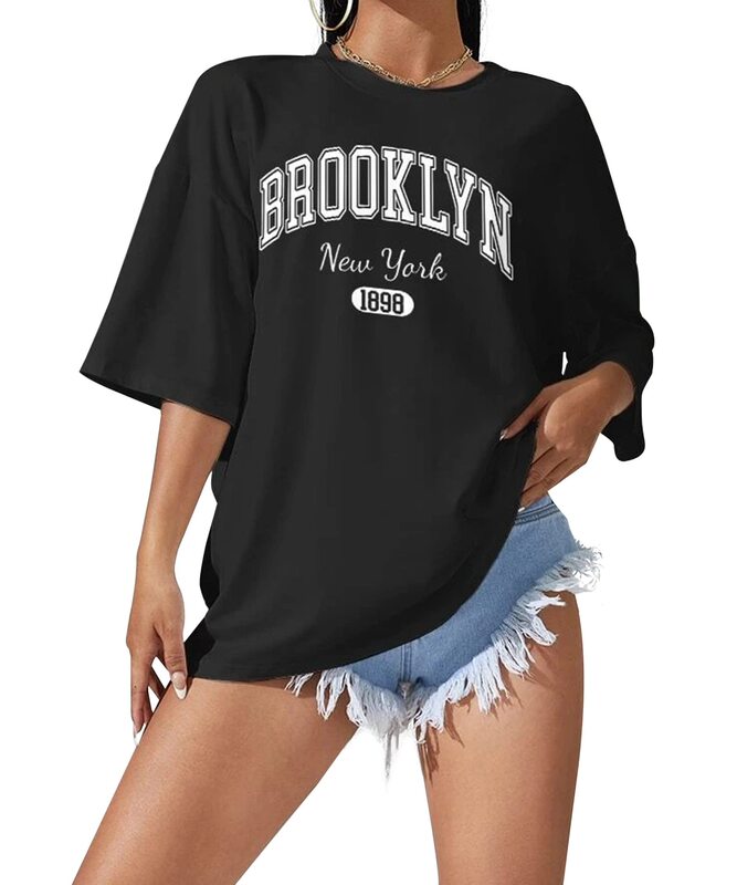 BROOKLYN Pattern Printed Large Size Dropped Shoulder Women's T-shirt Summer Fashionable Casual Women's Top Lazy Style