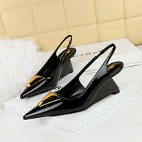 1097-K55 European and American style women's shoes with high heels, sloping heels, patent leather hollowed out back strap, shallow mouthed pointed metal decorative single shoe