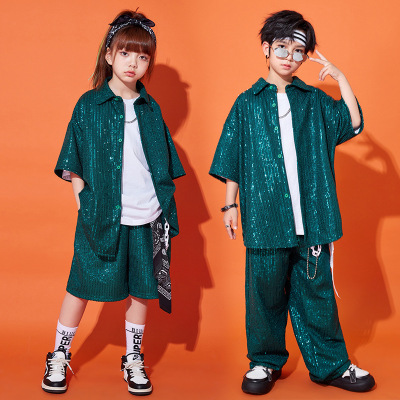 Children street hiphop dance performance costumes for girls boys green sequin girl jazz dance runway fashion outfits