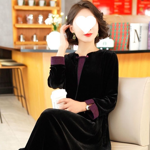 Silk Velvet Dress 2023 Autum New Style Noble and Western Style Retro Disc Button Ethnic Style Fashion Mother Skirt