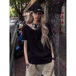 40-Count Pure Cotton Embroidered + Rivet Hot Diamond Oblique Shoulder Short-Sleeved T-Shirt Slimming Look Off-Shoulder Top Nshm