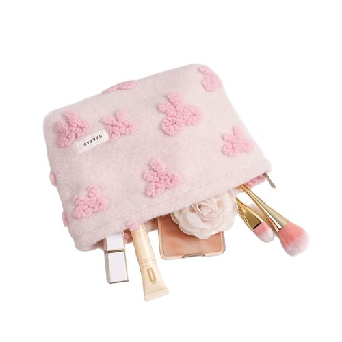 New in’s Sweet Girl Pink Plush Bow Makeup Bag Portable Skin Care Product Storage Bag Clutch