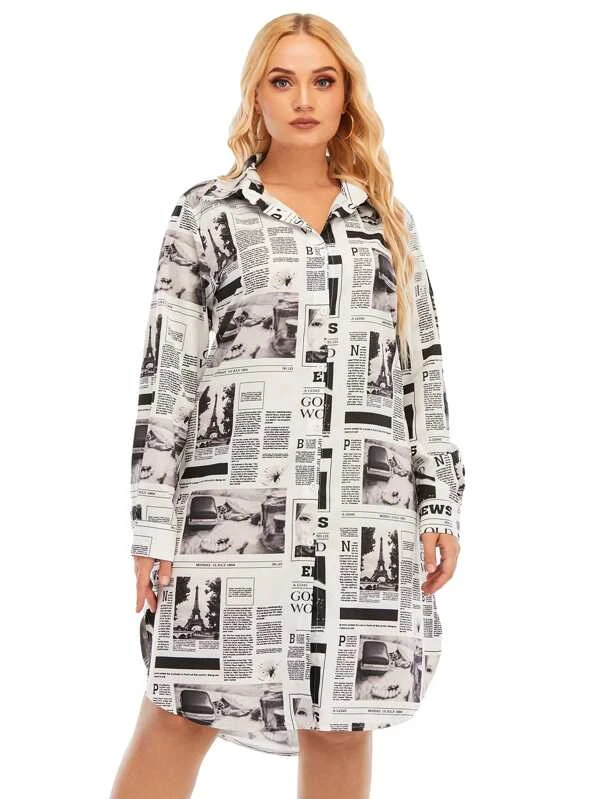 plus size newspaper printed long-sleeved shirt dress nihaostyles clothing wholesale NSCX84792