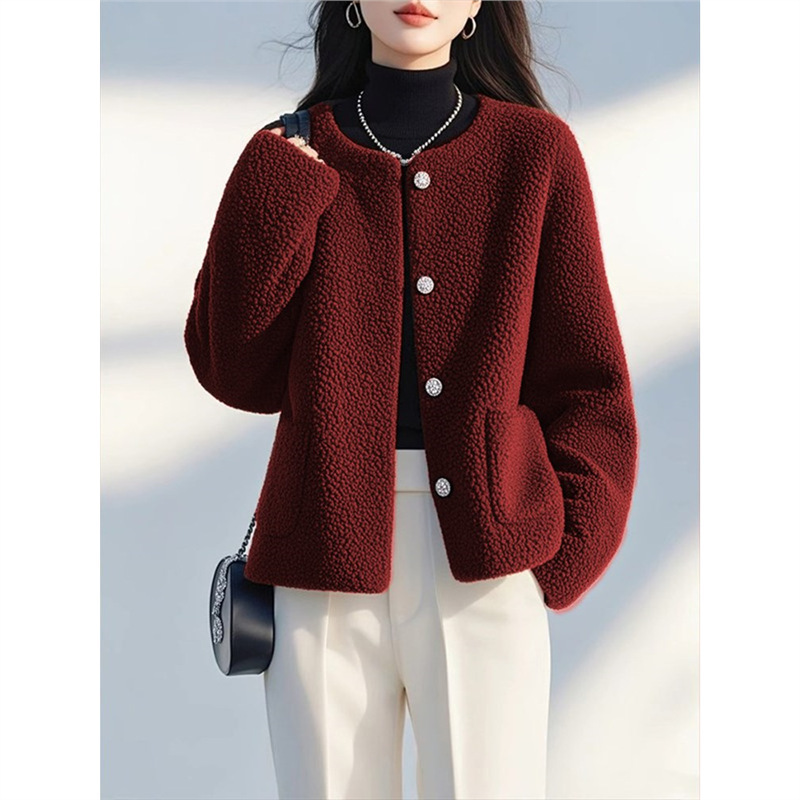 2961 French Angela Red Fleece Coat Women's New Autumn and Winter Unique Super Good-looking Short Lamb Wool