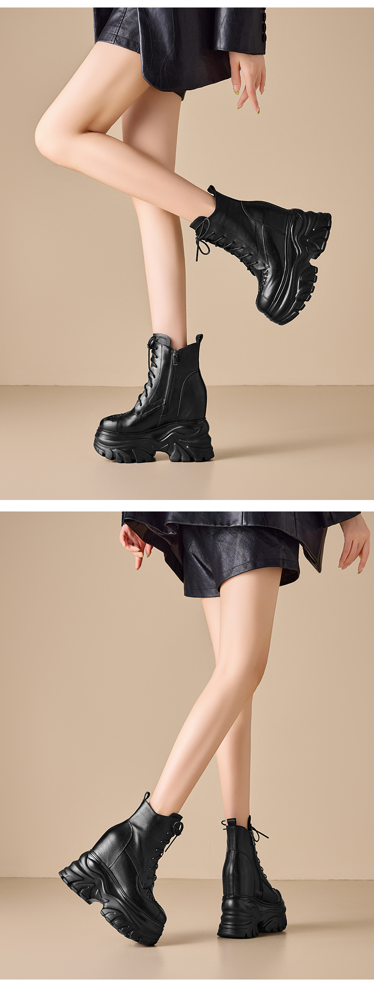 Giày boot Martin đế dày 14 cm phong cách phương Tây, nhẹ nhàng sang trọng — Lớp lót nhung đen chi tiết 7