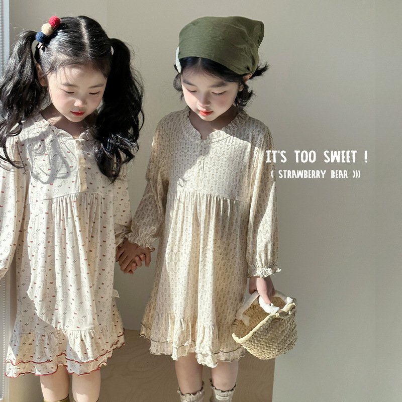 2025 summer new ice silk-print pajamas dress sweet floral lace home nightgown dress women's foreign trade