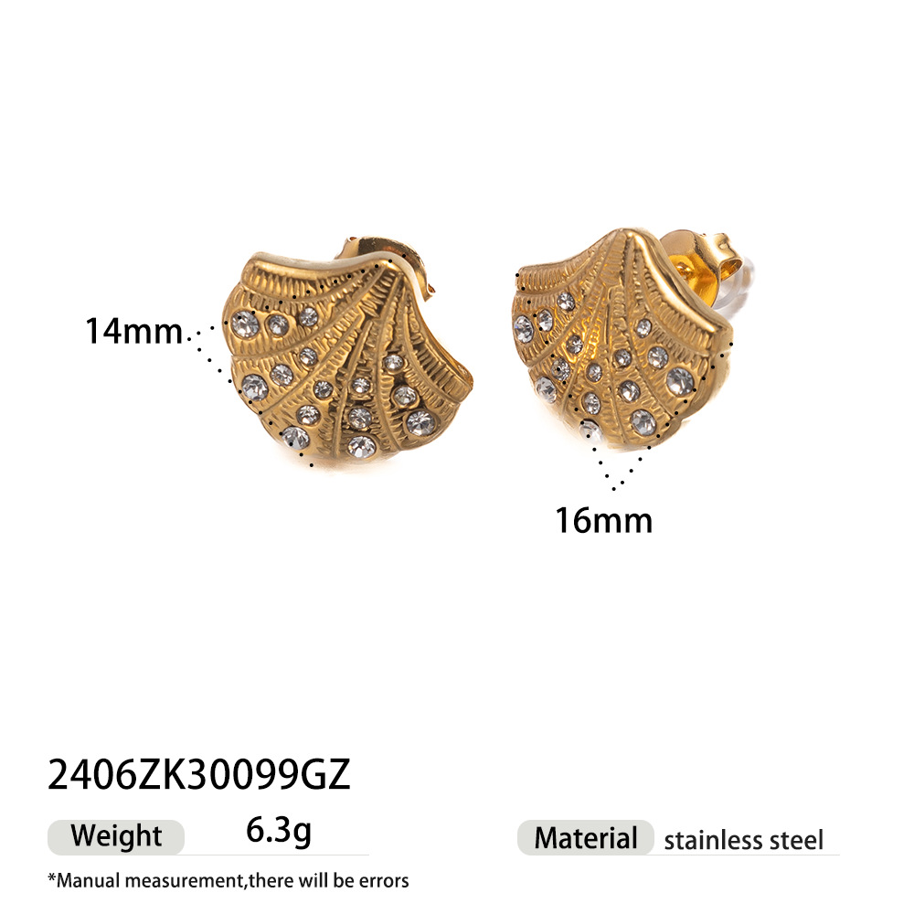 Taena Pendientes de acero inoxidable europeos y americanos Sensación simple y de alto nivel Diseño de nicho salvaje Pendientes de concha de circón Juego de anillos