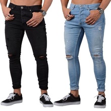 Men autumn skinny jeans ripped trousers stretch pencil pants