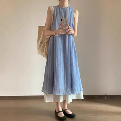 フレンチストライプテクスチャーフェイクツーピースドレス女性の夏の新しいルーズスリムドレープ気質ロングスカート