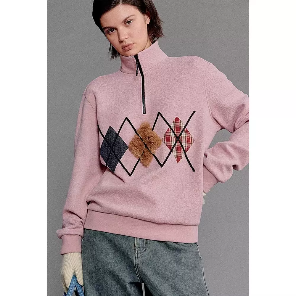 四媛 复古菱格撞色贴布绣卫衣真丝羊毛半拉链立领套头上衣女1266