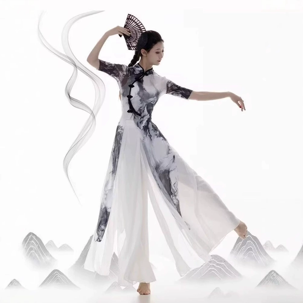 Новое чонсам в китайском стиле с традиционными элементами, новый рукав пять четвертей, простое и оригинальное тонкое свободное танцевальное платье, танец с марлевыми чернилами.