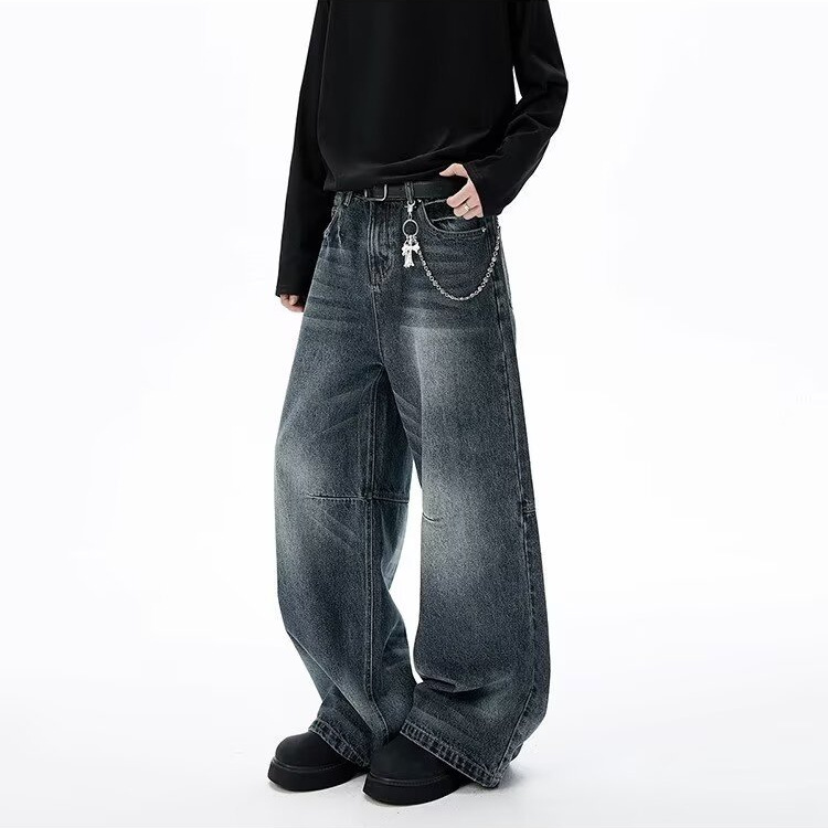 Unisex Retro Minimalist Wide Leg Jeans Blue Grey Stylish Straight Leg Drape Trendy Men's Clothing Denim_mkmklike.com