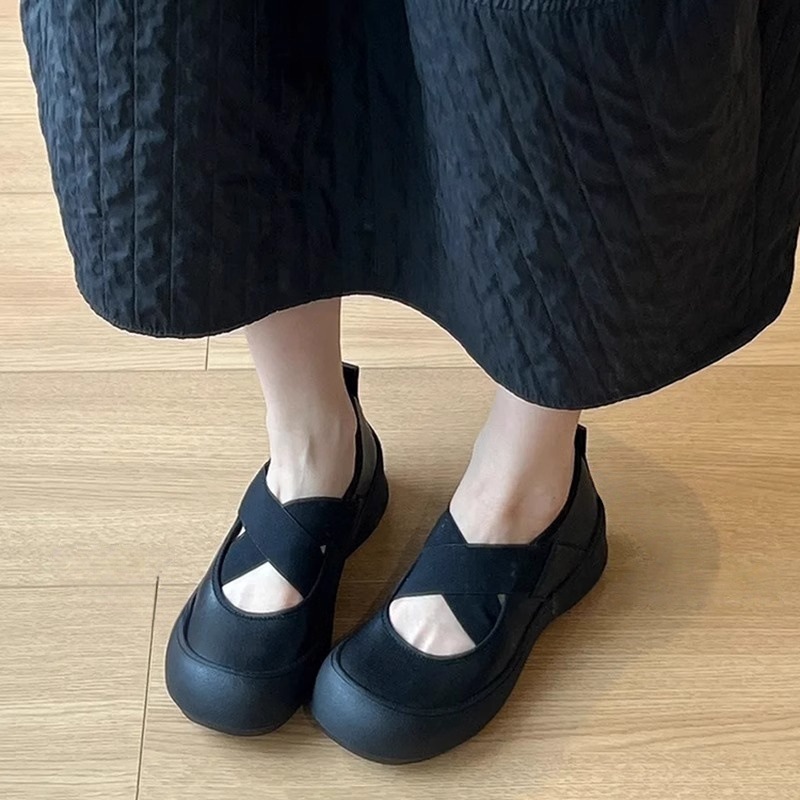 2025夏季新款黑色平底小皮鞋厚底复古风圆头交叉绑带玛丽珍单鞋女