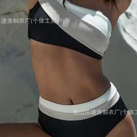 2025新款跨境亚马逊拼色分体女士比基尼高腰单肩游泳女泳衣bikini