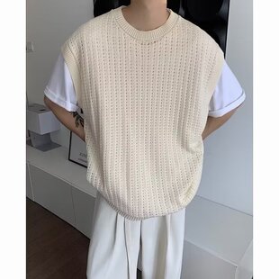 2023 knitted vest men's Korean-style fashionable loose round neck sleeveless waistcoat college style all-match top vest men