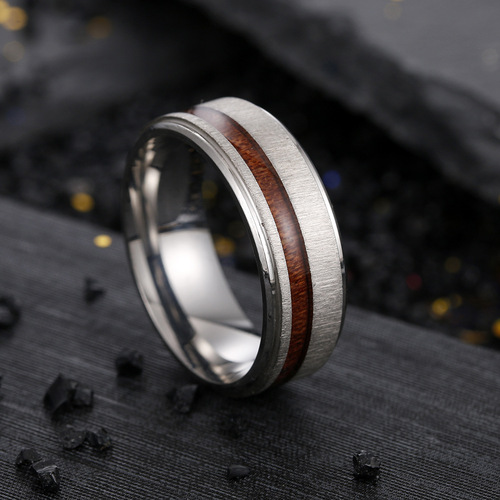  Cross-border Amazon New Jewelry European and American Men's Titanium Steel Ring 8MM Brushed Matte Wood Grain Inlay Band