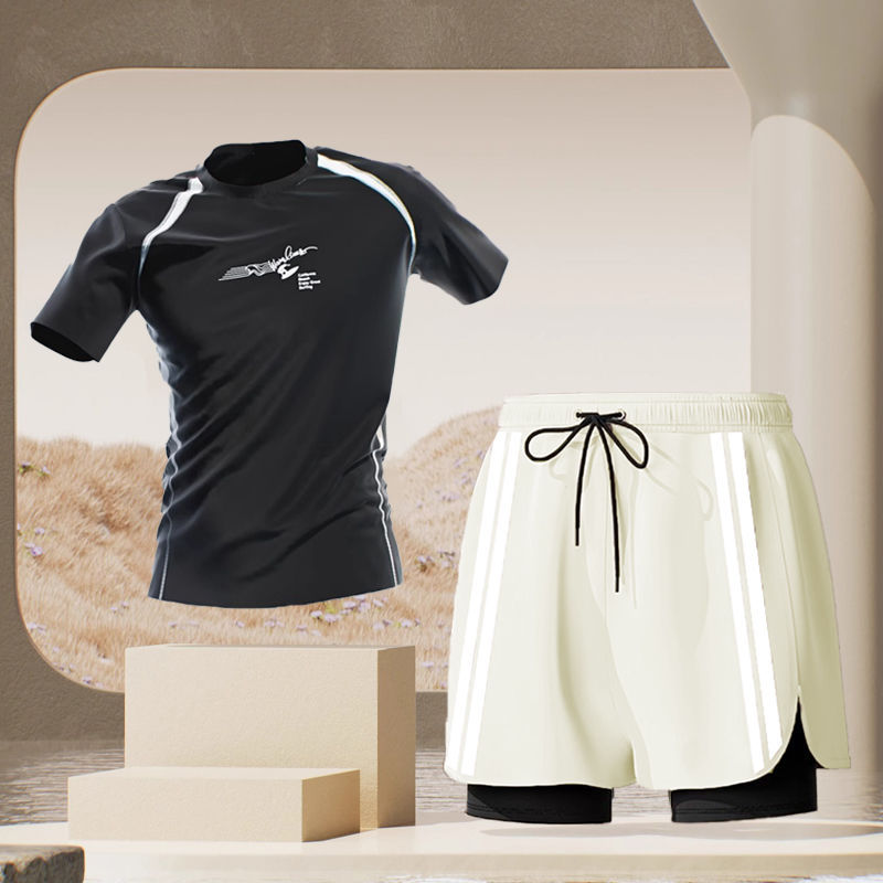 Black top + beige swimming trunks