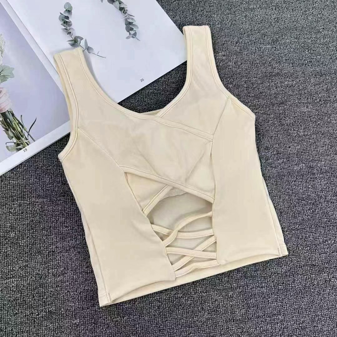 8806 hermosa espalda corta con almohadilla para el pecho, camisola, ropa de verano para mujer, yoga deportivo, base para cubrir los senos